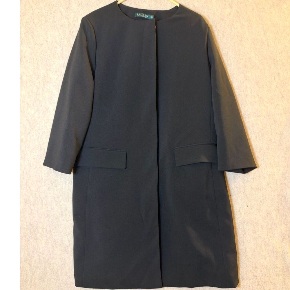 Lauren Ralph Lauren Women’s L Black Collarless Long Jacket/Blazer Button Front